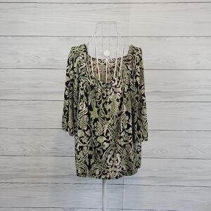 Claudia Richard Black and Olive Green Paisley Top Womens Size L